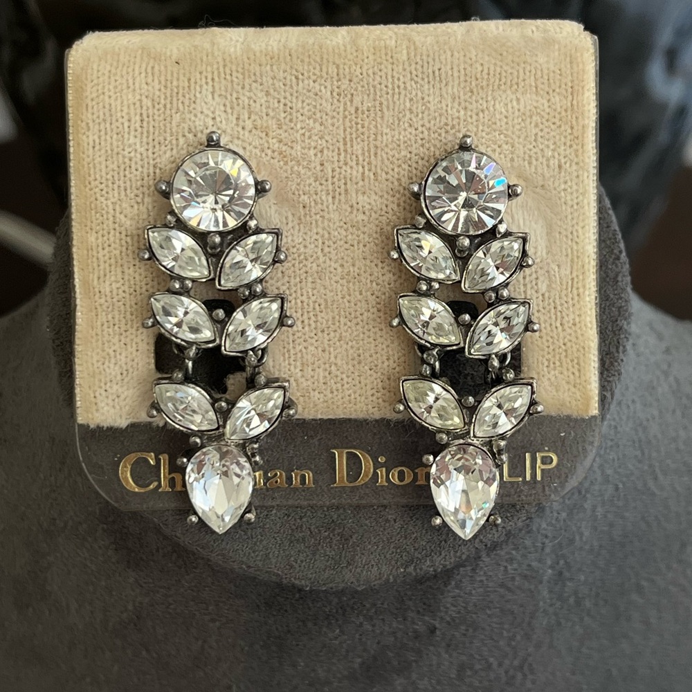 NWT Vintage Christian Dior Marquise Rhinestone Drop Patinated Silver Earrings - Picture 1 of 10